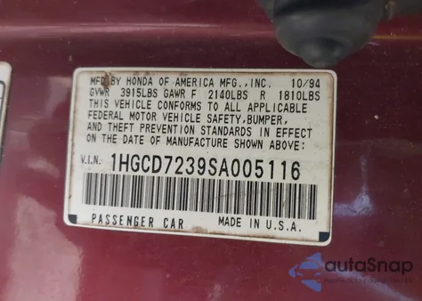 1995 Honda Accord Lx from USA, damaged, VIN 1HGCD7239SA005116